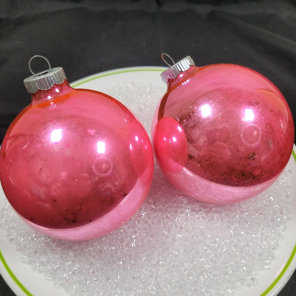 2 Shiny Brite‎ Solid Pink Mercury Glass Christmas Tree Ornaments 4 in Large Vtg